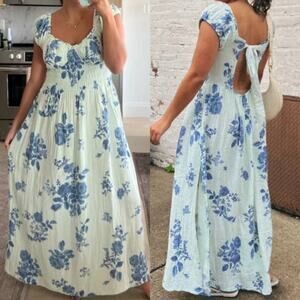 FREE PEOPLE Milkmaid Midi Dress Sundress Blue Floral Gauzy CottageCore Cotton M